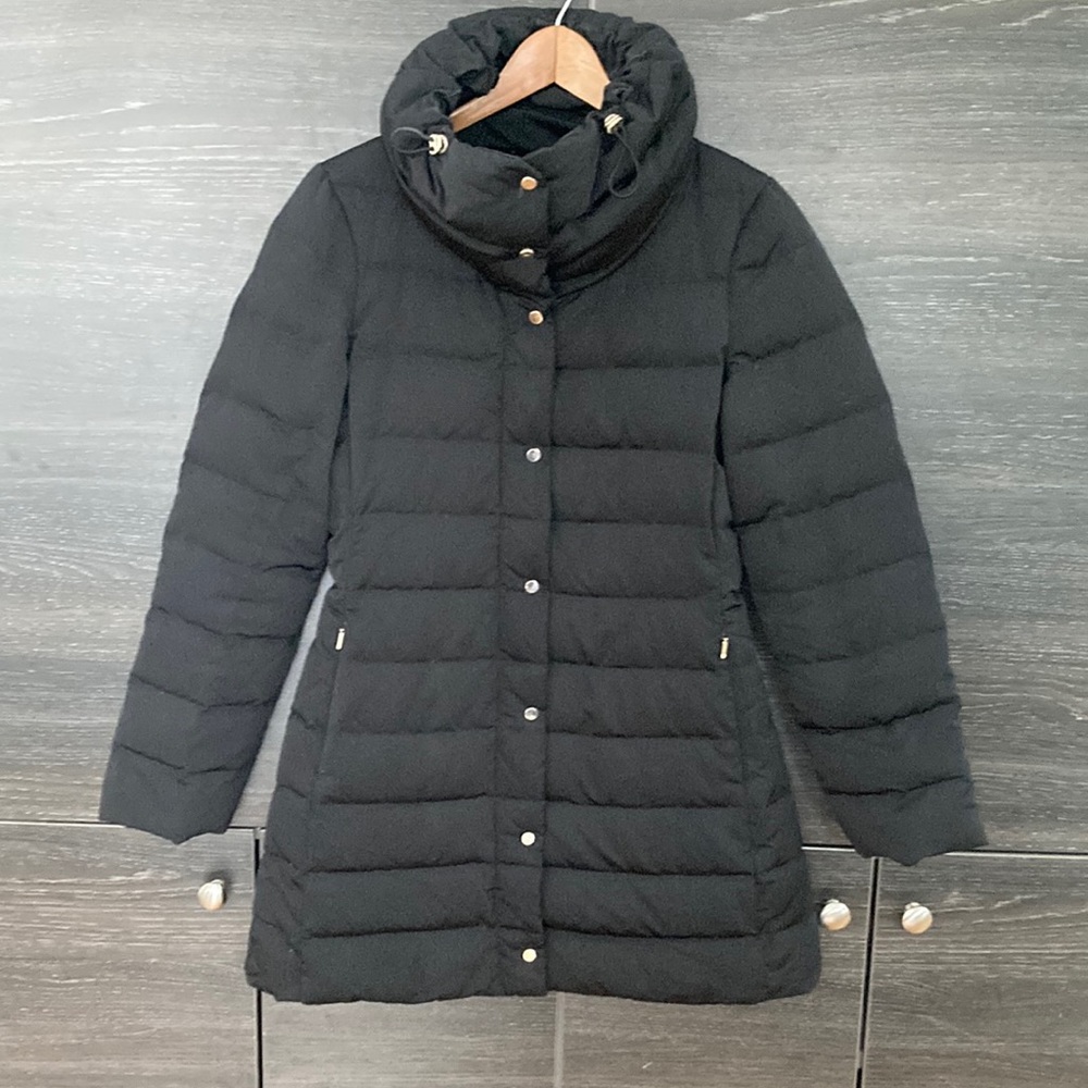 Zara Like New Small Black Long Puffer Jacket with Inner Drawstring at Wa…